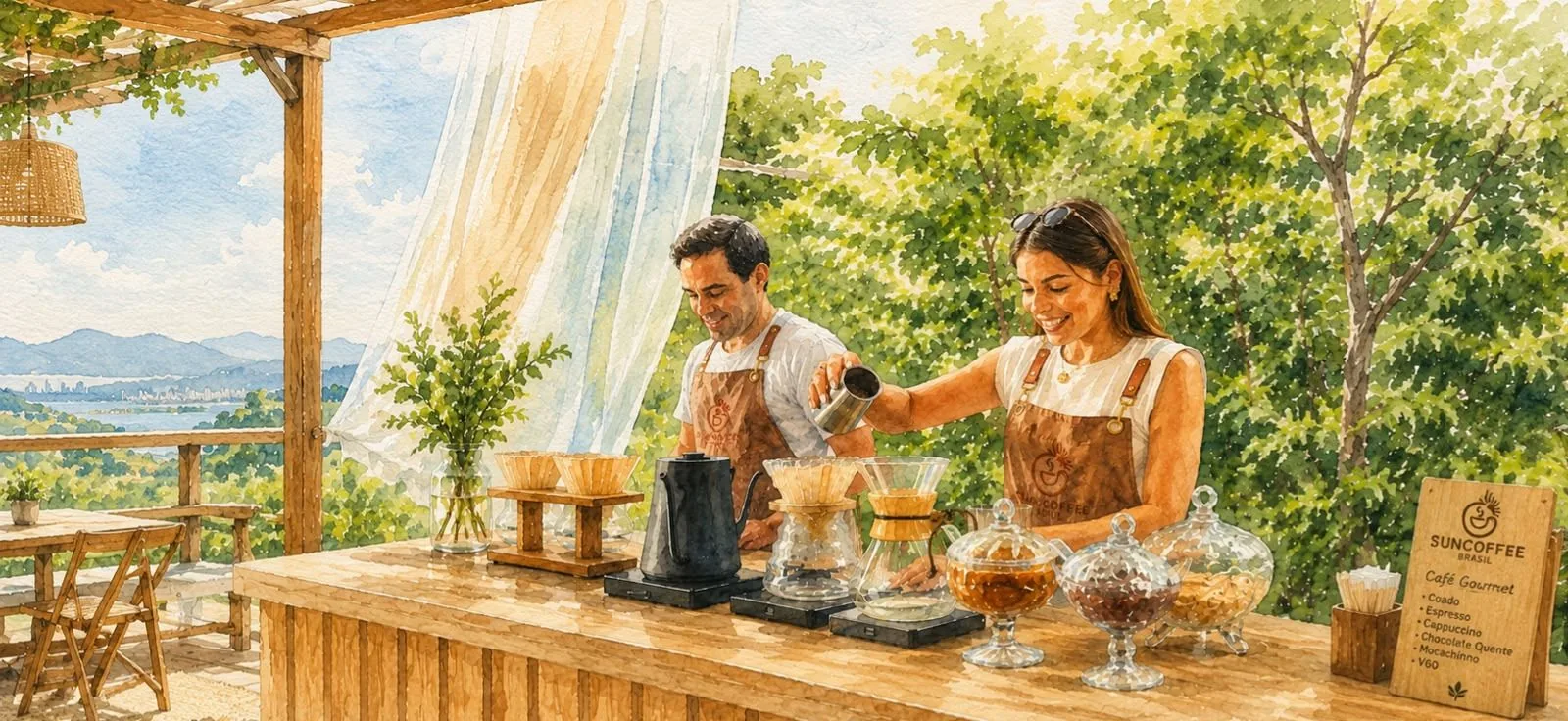 Ilustração em aquarela da equipe Sun Coffee preparando café em uma estação ao ar livre